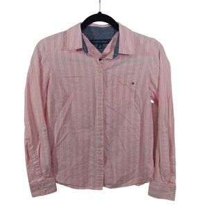 Tommy Hilfiger Top Womens XS Pink Cotton Button Down Shirt Roll Tab Sleeve